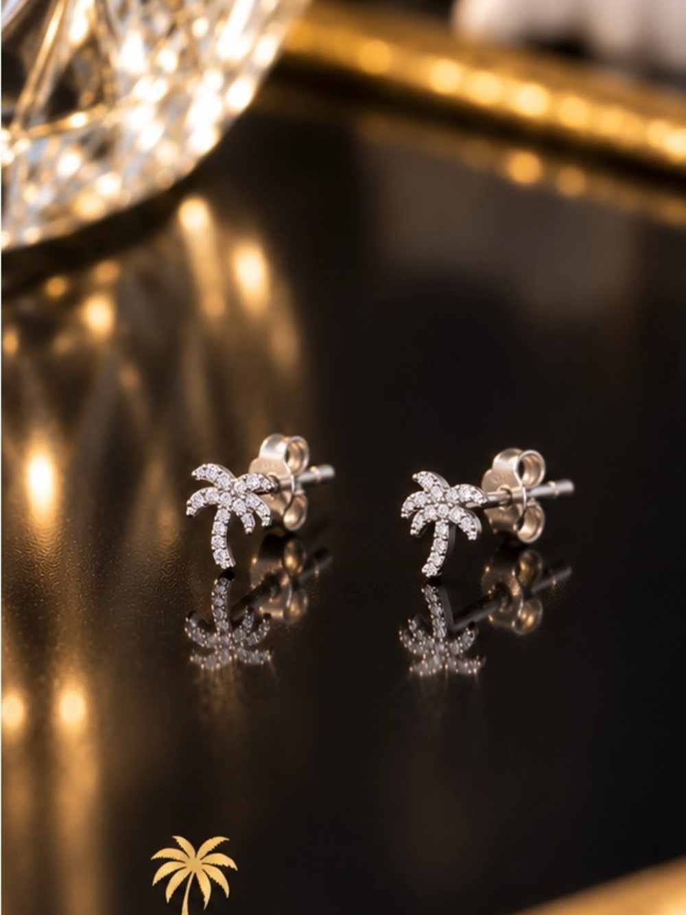 Petite 925 Sterling Silver AAA CZ Palm Tree Stud Earrings